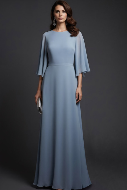 Grey Blue Wedding Guest Dress Crew Neck Ruffle Sleeve Maxi Dress