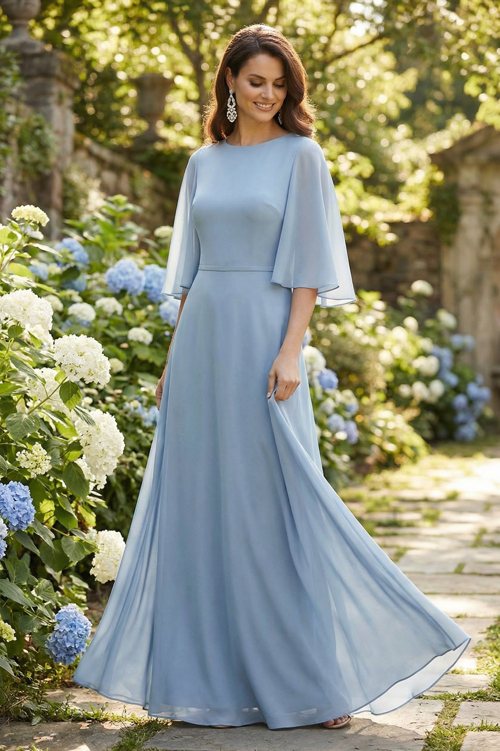 Grey Blue Wedding Guest Dress Crew Neck Ruffle Sleeve Maxi Dress