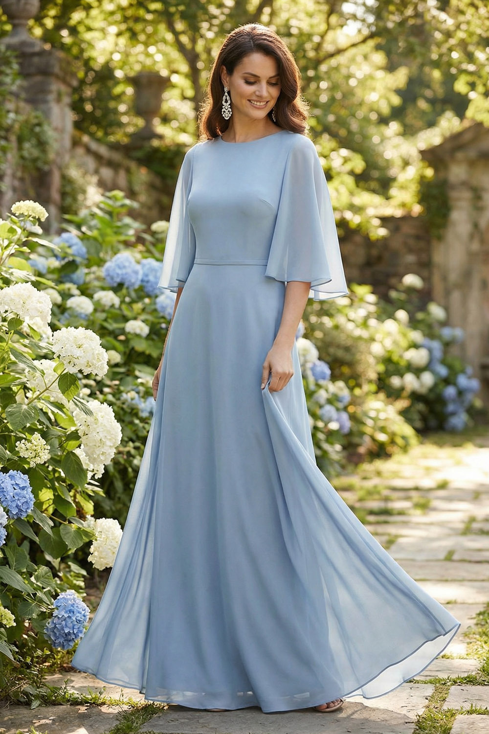 Grey Blue Wedding Guest Dress Crew Neck Ruffle Sleeve Maxi Dress