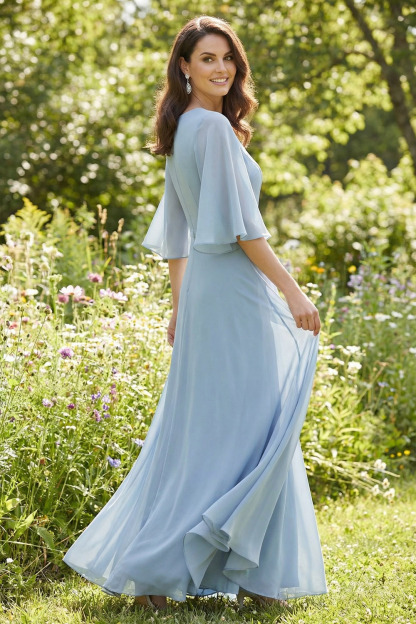 Grey Blue Wedding Guest Dress Crew Neck Ruffle Sleeve Maxi Dress