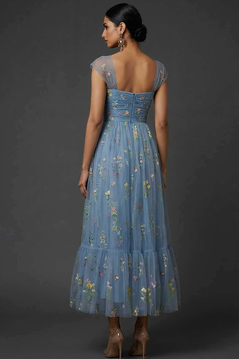 Grey Blue Floral Wedding Guest Dress A-Line Embroidered Midi Dress 