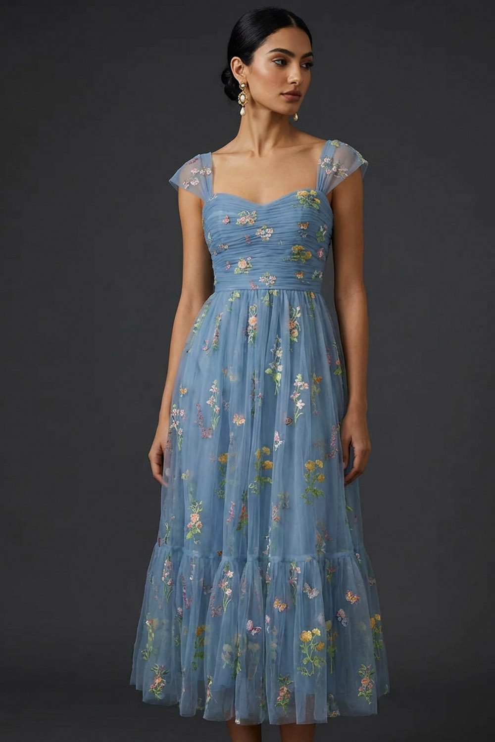 Grey Blue Floral Wedding Guest Dress A-Line Embroidered Midi Dress 