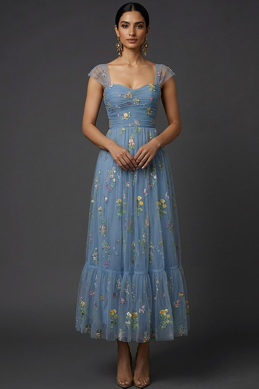 Grey Blue Floral Wedding Guest Dress A-Line Embroidered Midi Dress 
