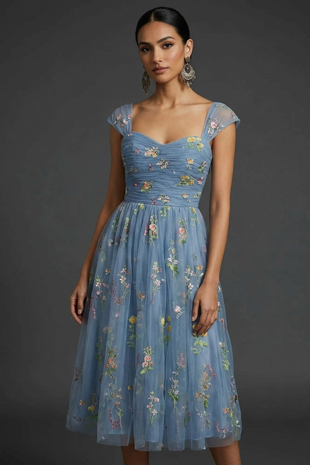 Grey Blue Floral Wedding Guest Dress A-Line Embroidered Midi Dress 