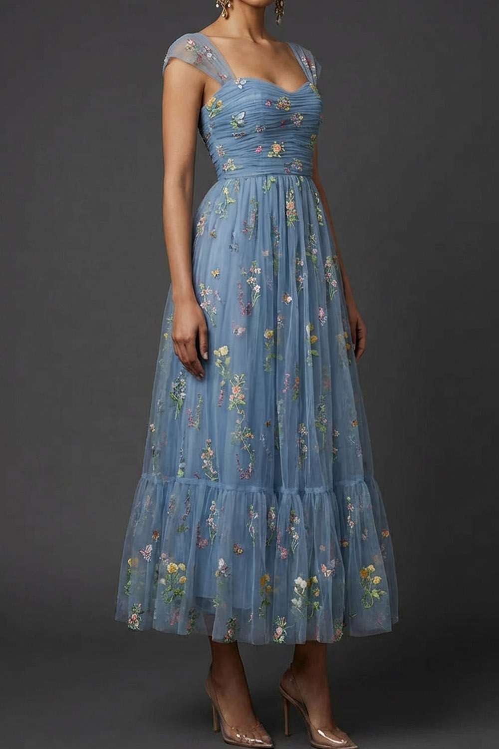 Grey Blue Floral Wedding Guest Dress A-Line Embroidered Midi Dress 