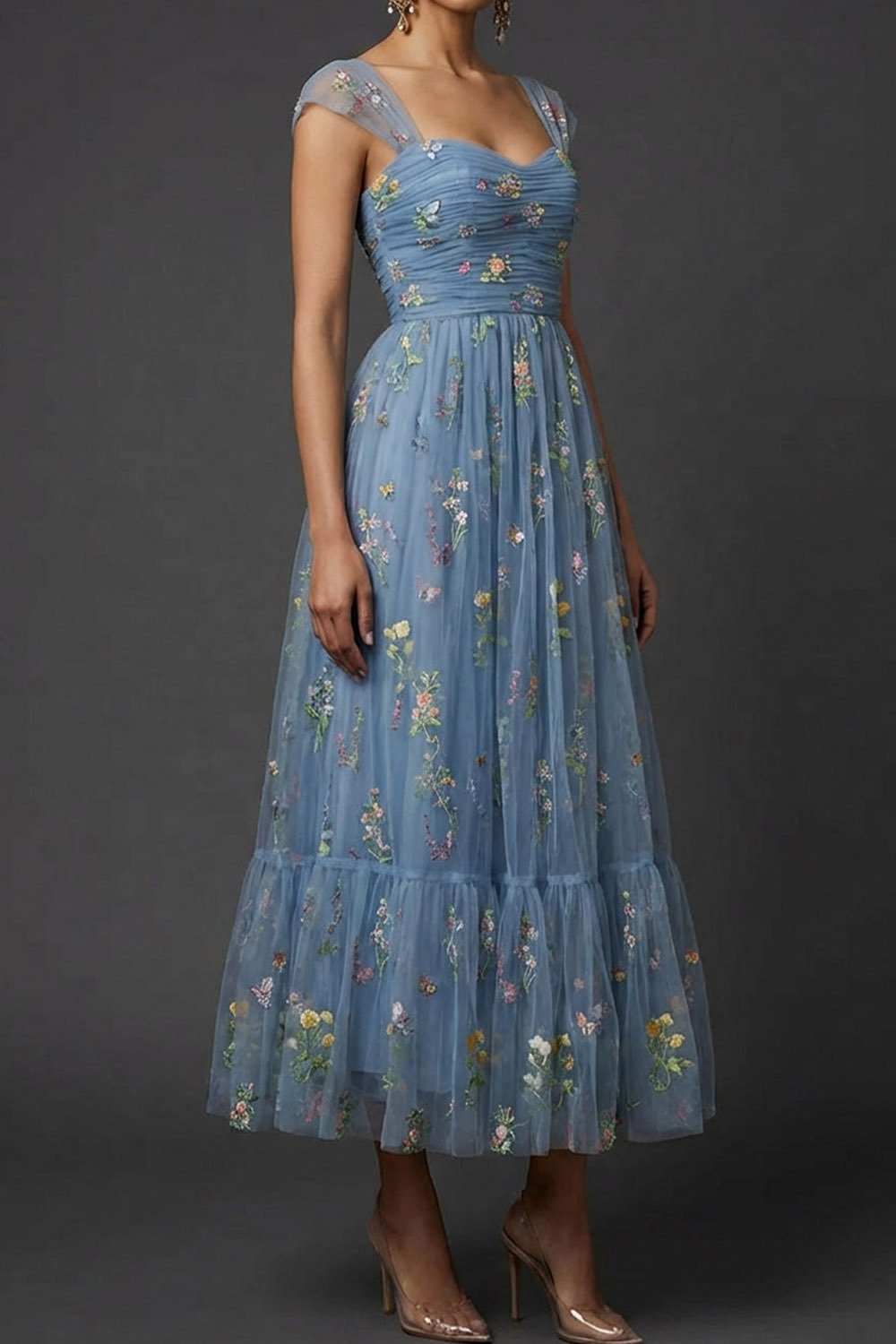 Grey Blue Floral Wedding Guest Dress A-Line Embroidered Midi Dress 