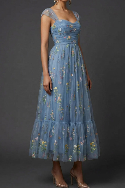Grey Blue Floral Wedding Guest Dress A-Line Embroidered Midi Dress 