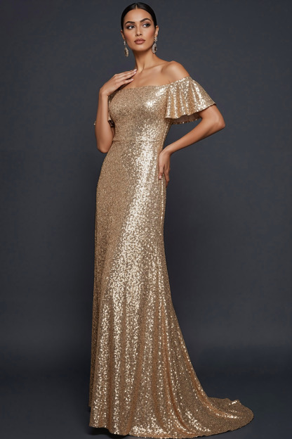 Golden Formal Party Dress Off the Shoulder Sequin Maxi Dress 