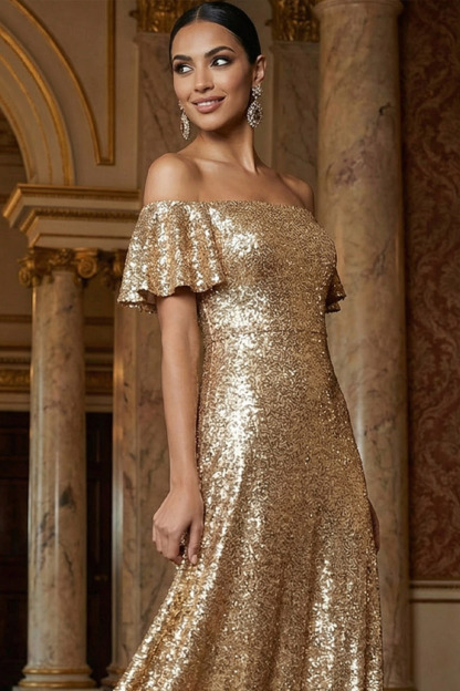 Golden Formal Party Dress Off the Shoulder Sequin Maxi Dress 