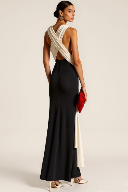 Black Formal Evening Dress Sheath Halter Waist Knot Maxi Dress 