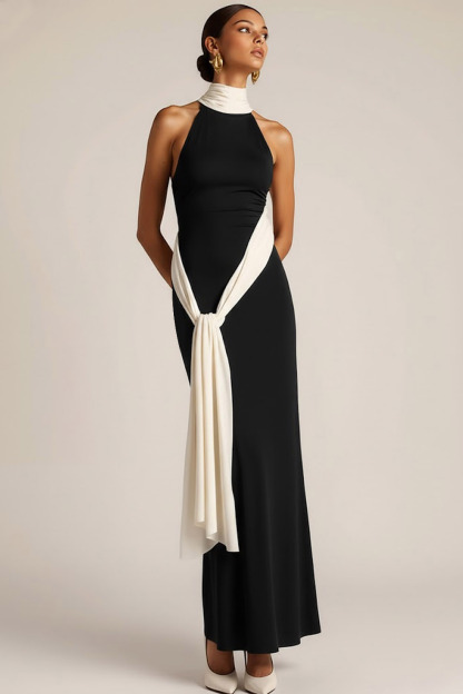 Black Formal Evening Dress Sheath Halter Waist Knot Maxi Dress 