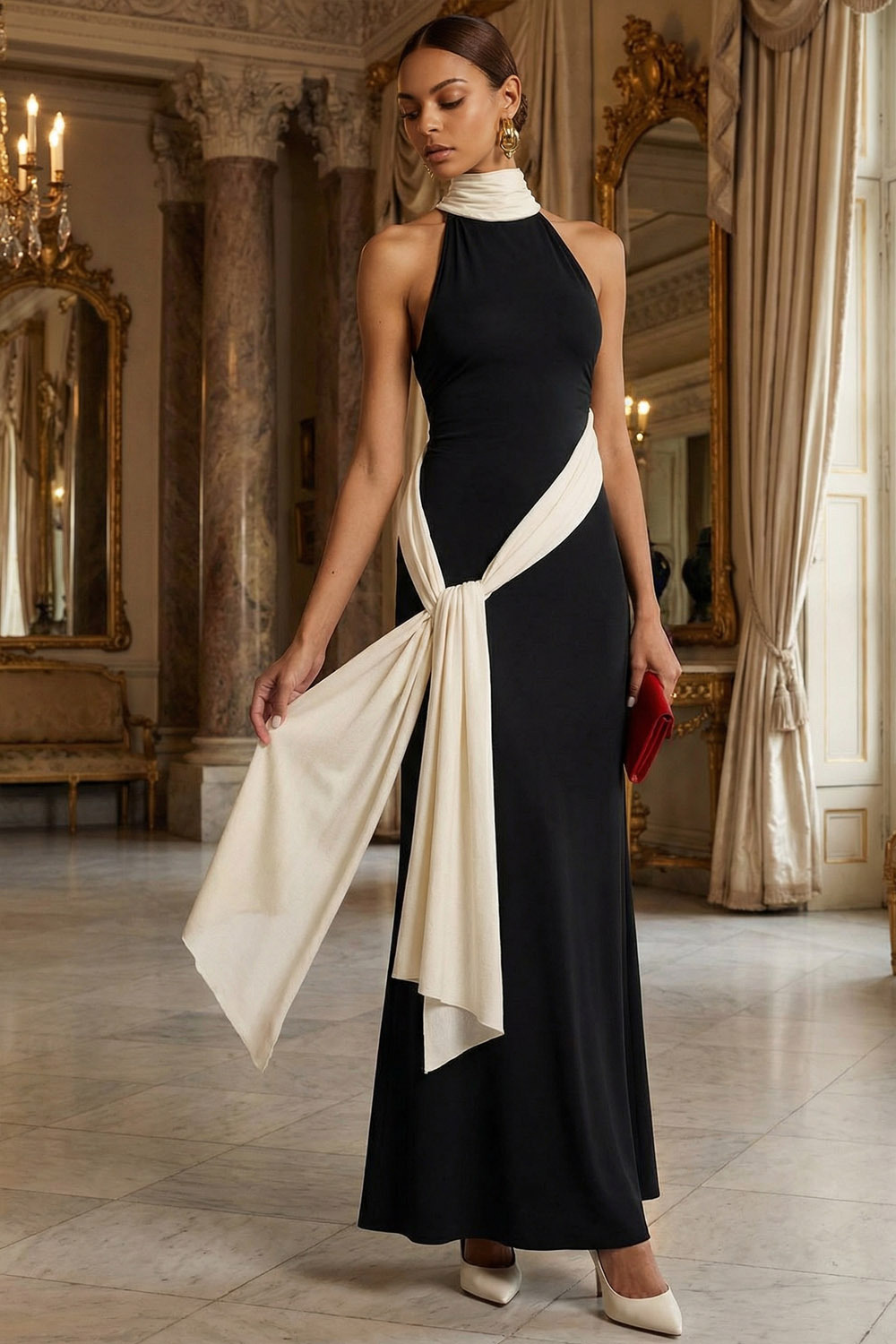 Black Formal Evening Dress Sheath Halter Waist Knot Maxi Dress 