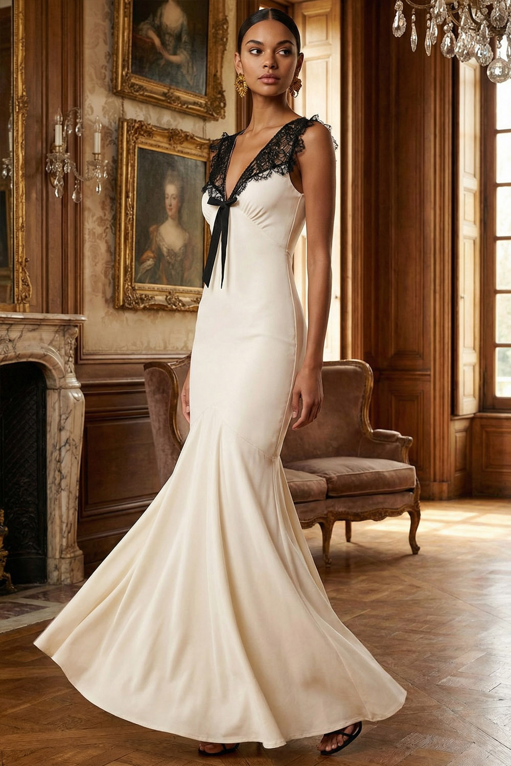 White Formal Evening Dress Mermaid V-Neck Maxi Dress with Lace