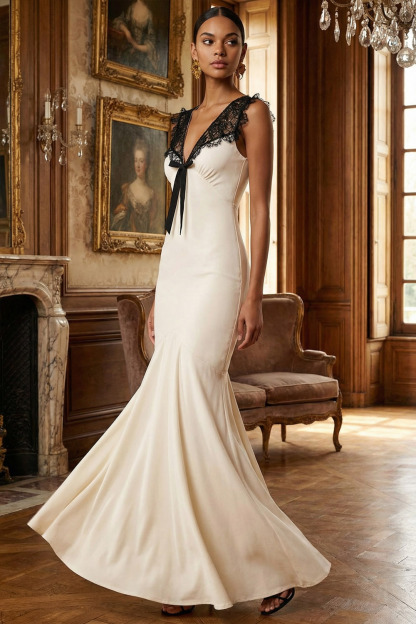 White Formal Evening Dress Mermaid V-Neck Maxi Dress with Lace