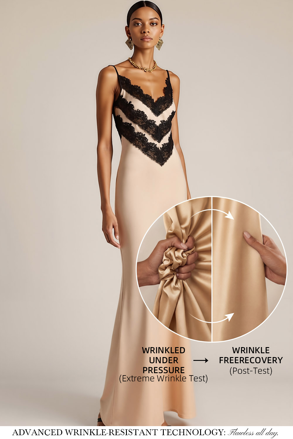 Champagne Evening Formal Dress Spagehtti Straps Satin Maxi Dress with Lace