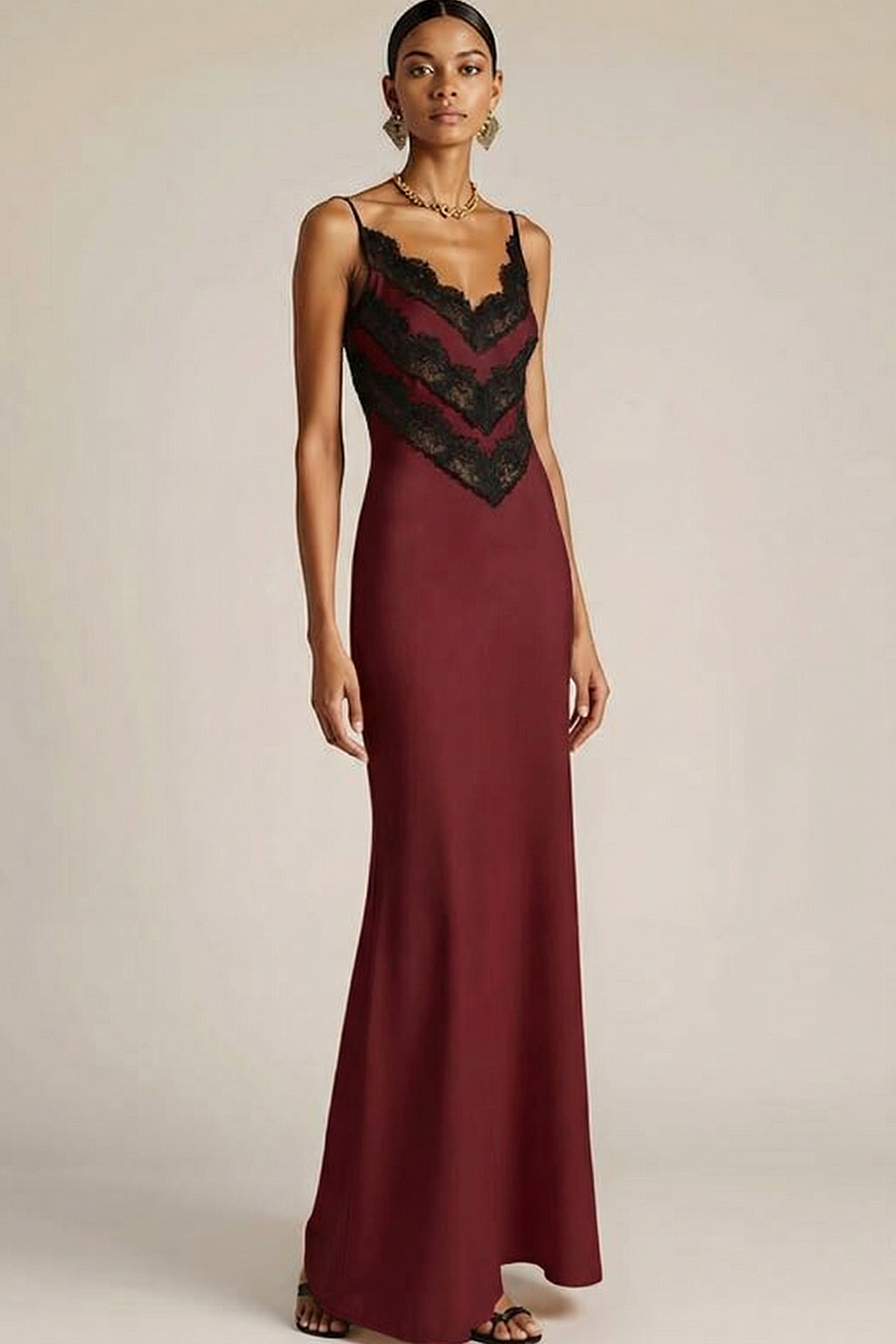 Champagne Evening Formal Dress Spagehtti Straps Satin Maxi Dress with Lace