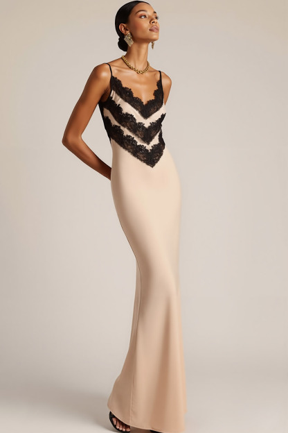 Champagne Evening Formal Dress Spagehtti Straps Satin Maxi Dress with Lace