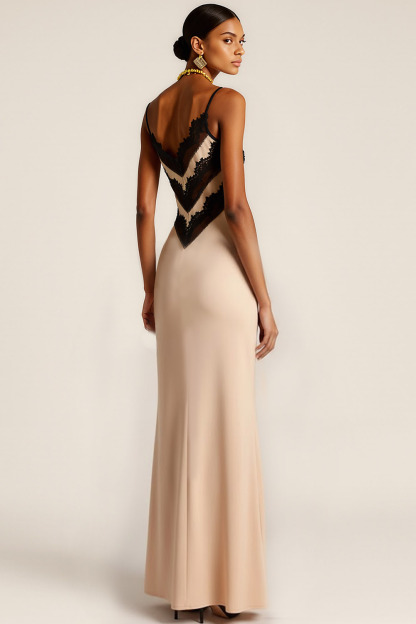 Champagne Evening Formal Dress Spagehtti Straps Satin Maxi Dress with Lace