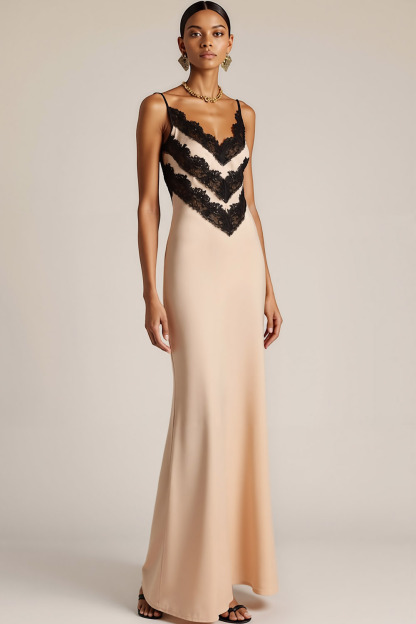 Champagne Evening Formal Dress Spagehtti Straps Satin Maxi Dress with Lace