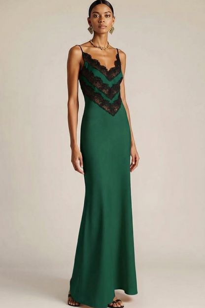 Champagne Evening Formal Dress Spagehtti Straps Satin Maxi Dress with Lace