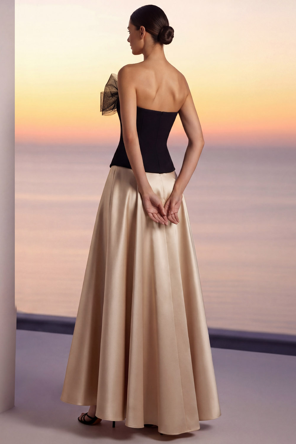 Champagne Formal Evening Dress Strapless A-Line Satin Maxi Dress with Bow