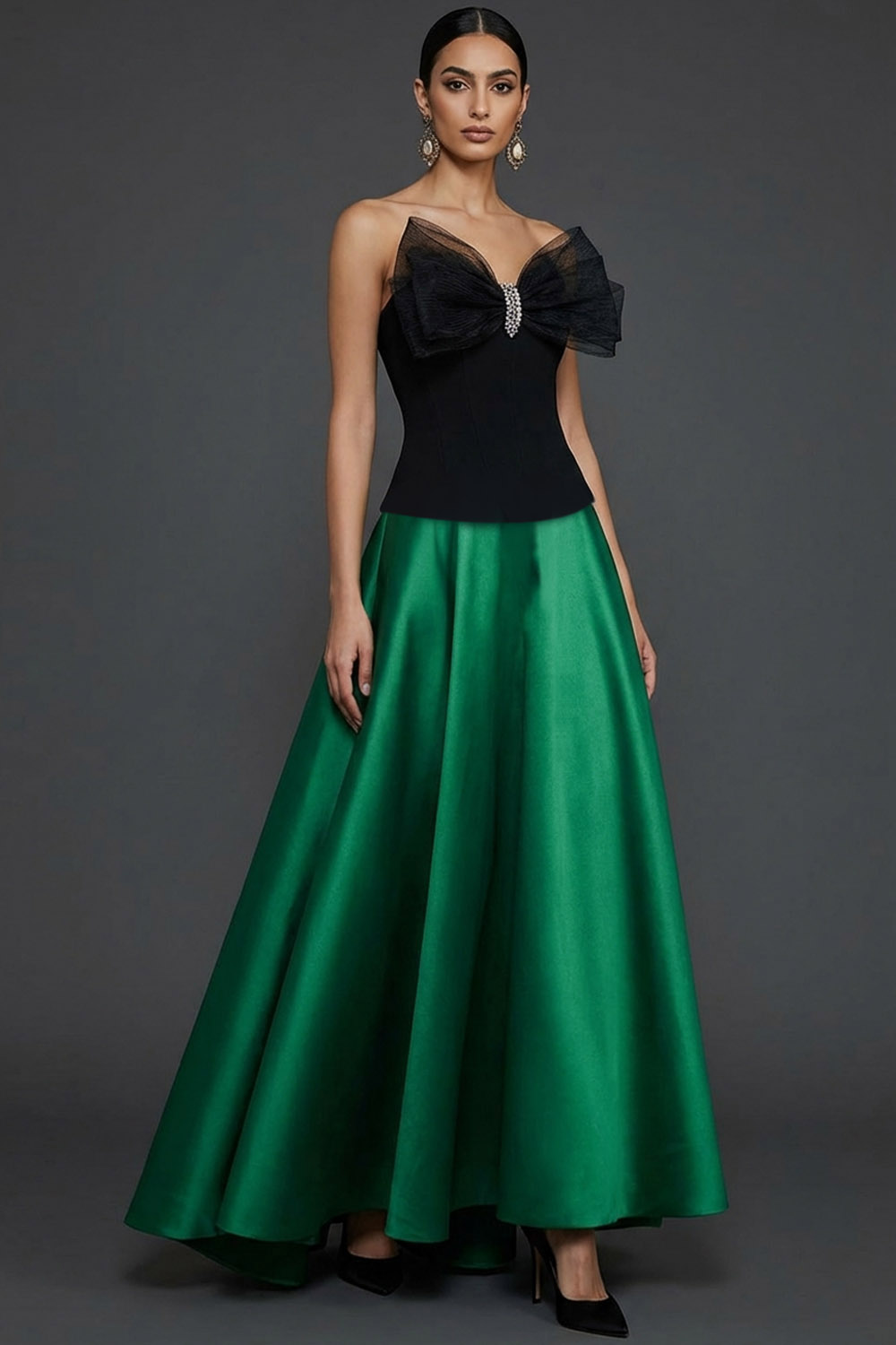 Champagne Formal Evening Dress Strapless A-Line Satin Maxi Dress with Bow