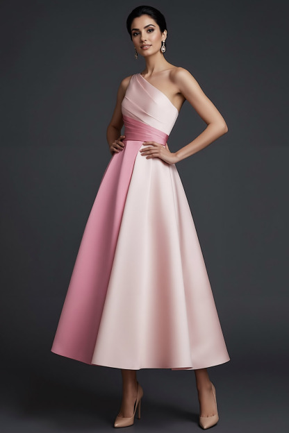 Pink Evening Formal Dress A-Line One Shoulder Satin Maxi Dress 