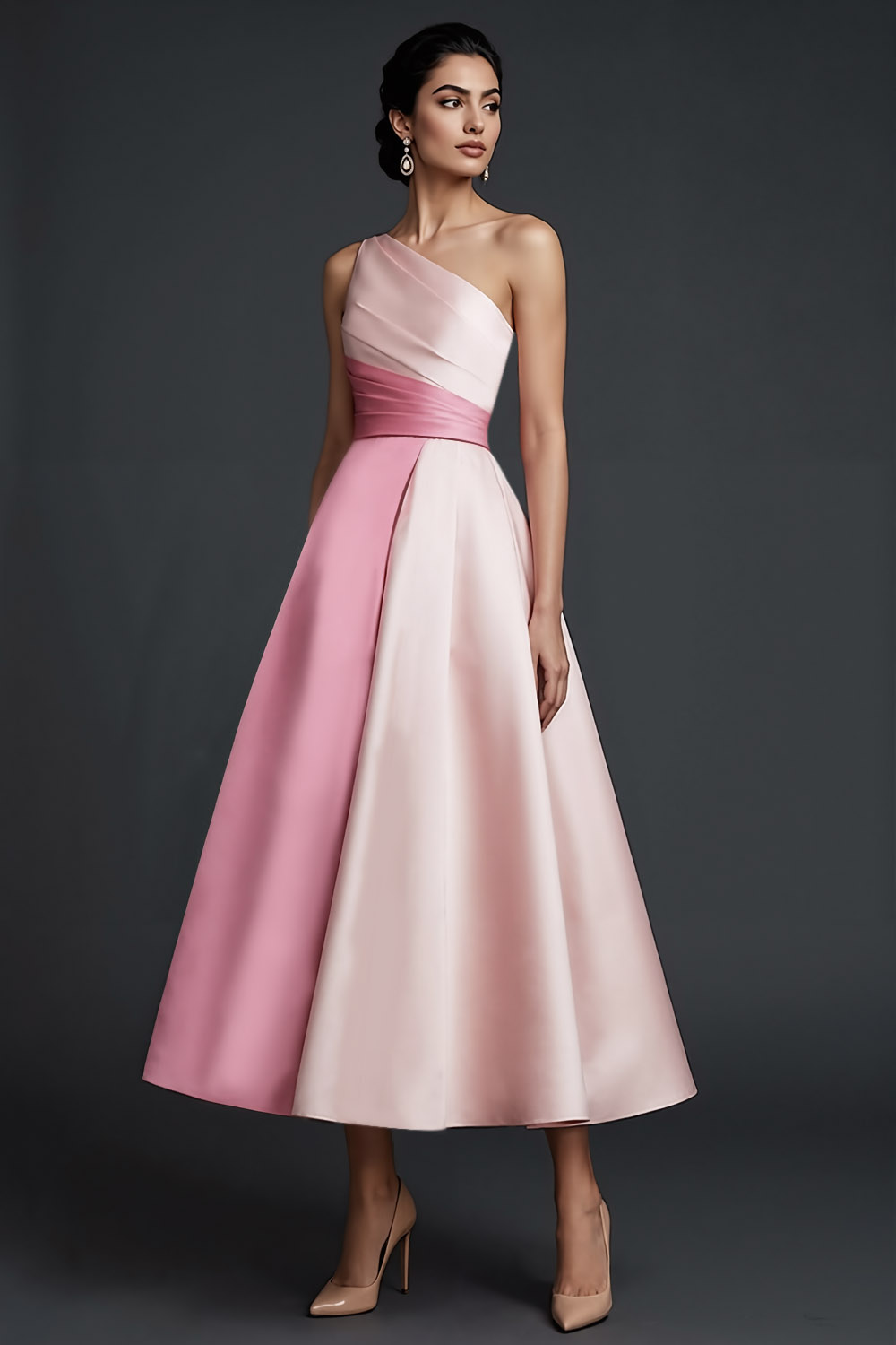 Pink Evening Formal Dress A-Line One Shoulder Satin Maxi Dress 