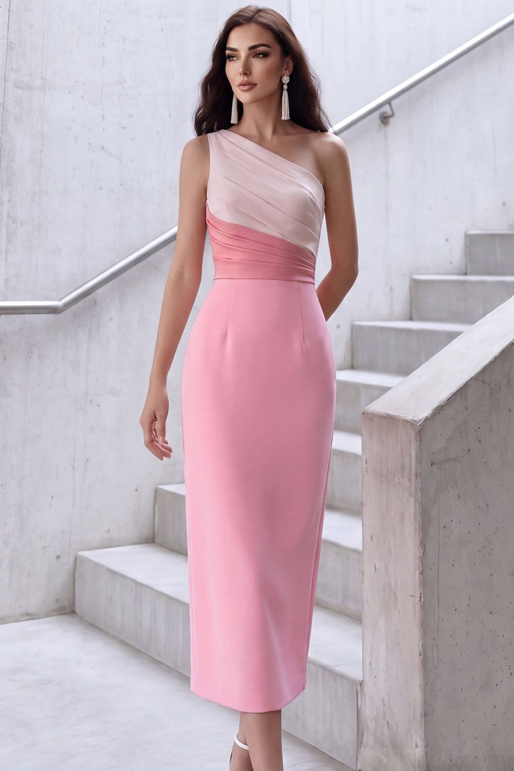 Pink Formal Dress One Shoulder Ruched Patchwork Satin Midi Dress