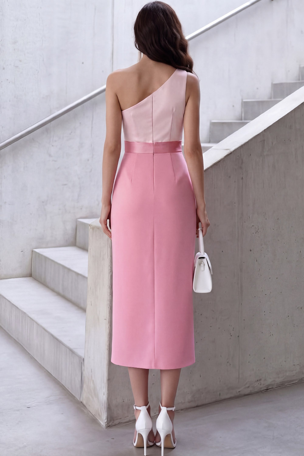 Pink Formal Dress One Shoulder Ruched Patchwork Satin Midi Dress