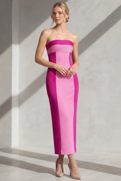 Fuchsia Formal Evening Dress Sheath Strapless Satin Maxi Dress 