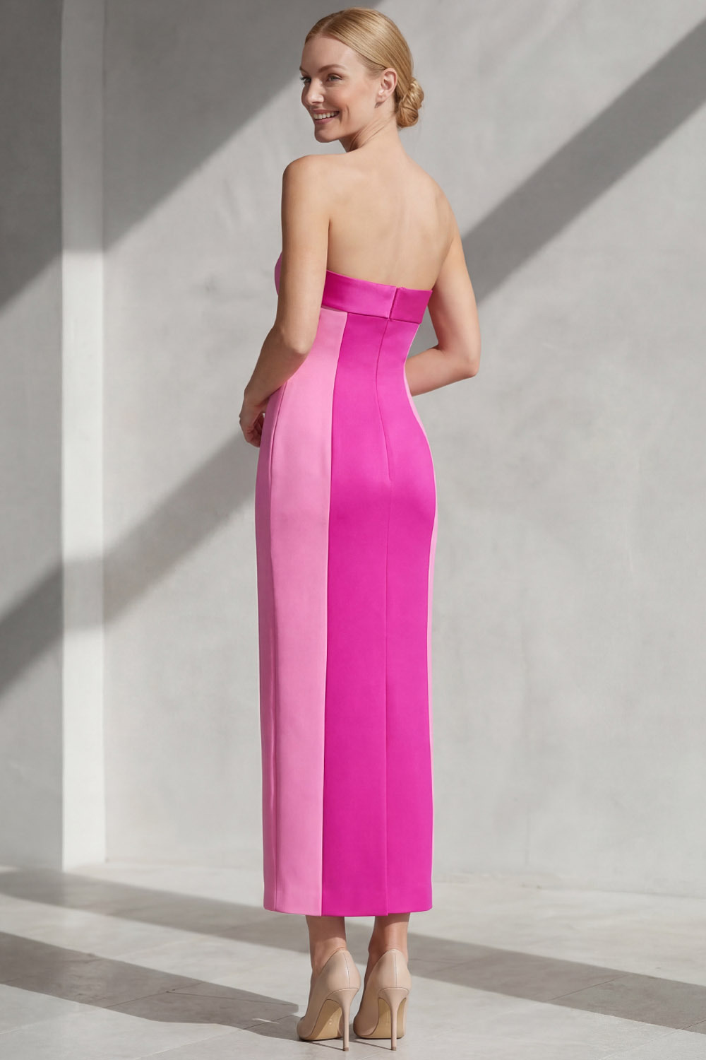 Fuchsia Formal Evening Dress Sheath Strapless Satin Maxi Dress 