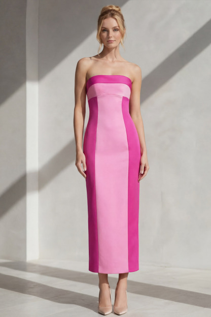 Fuchsia Formal Evening Dress Sheath Strapless Satin Maxi Dress 