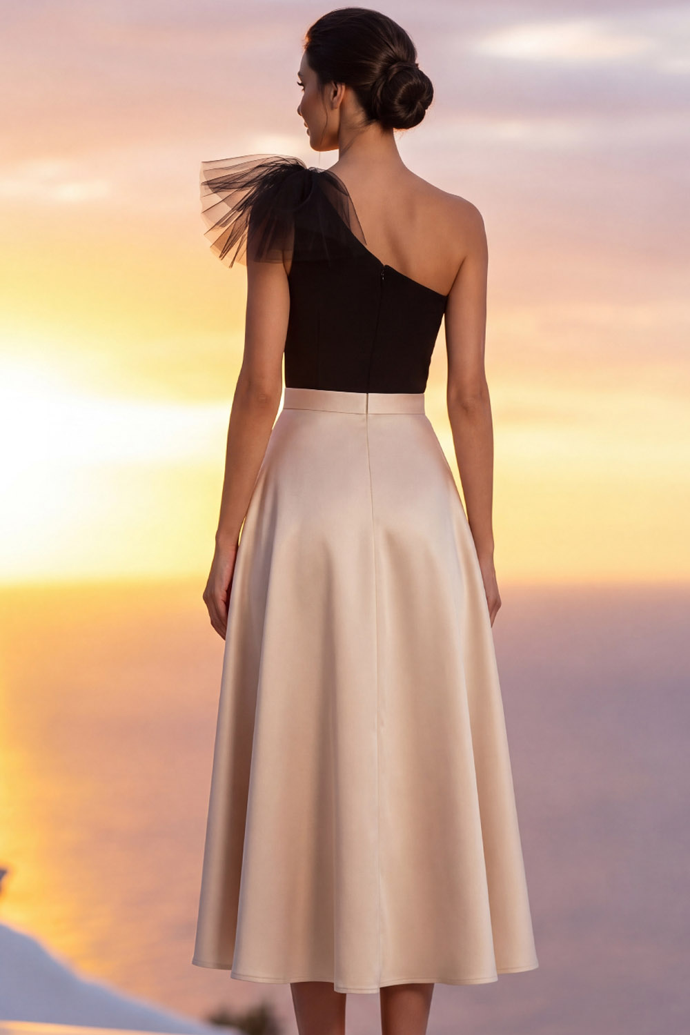 Champagne Formal Evening Dress One Shoulder Satin Midi Dress with Bow