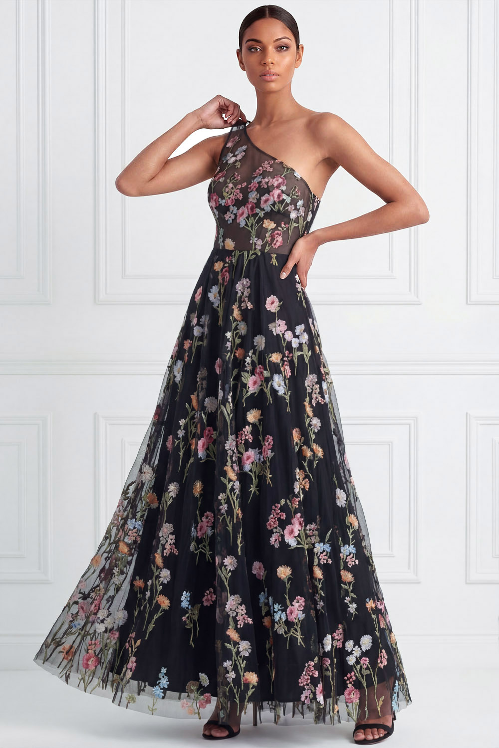 Black Wedding Guest Dress A-Line One Shoulder Floral Maxi Dress 