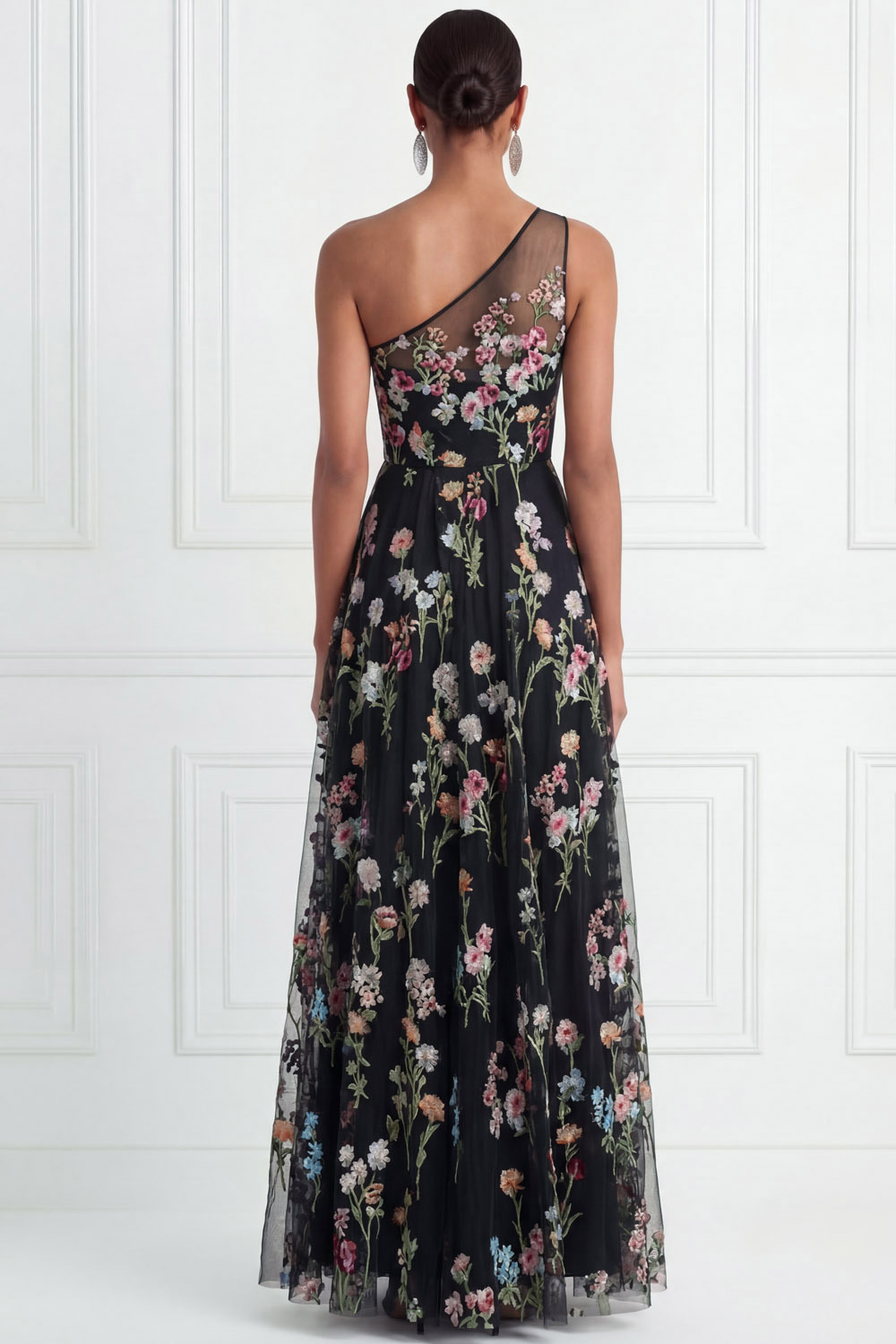 Black Wedding Guest Dress A-Line One Shoulder Floral Maxi Dress 