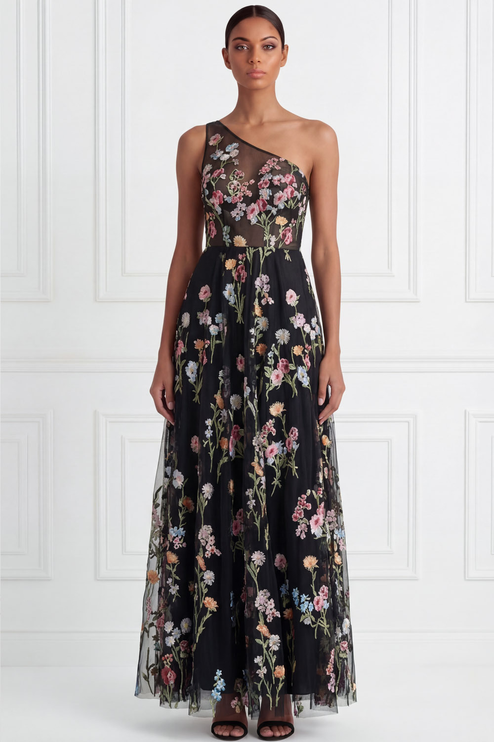 Black Wedding Guest Dress A-Line One Shoulder Floral Maxi Dress 