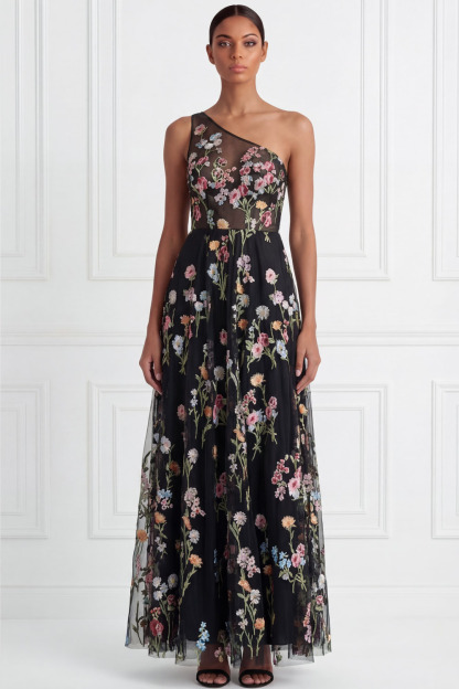 Black Wedding Guest Dress A-Line One Shoulder Floral Maxi Dress 