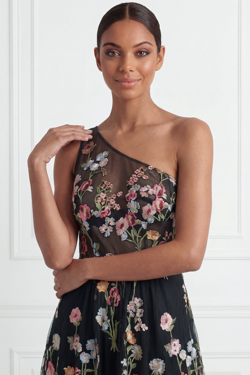 Black Wedding Guest Dress A-Line One Shoulder Floral Maxi Dress 