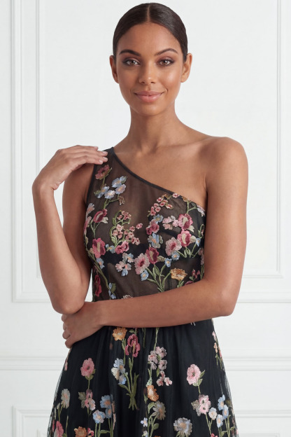 Black Wedding Guest Dress A-Line One Shoulder Floral Maxi Dress 
