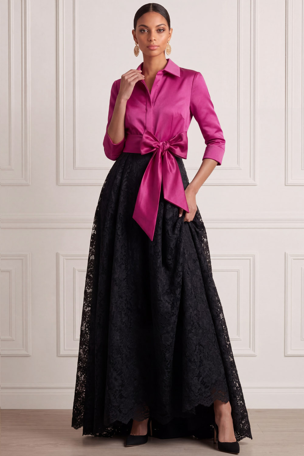 Fuchsia Formal Prom Dress A-Line Point Collar Lace Maxi Dress with Bow