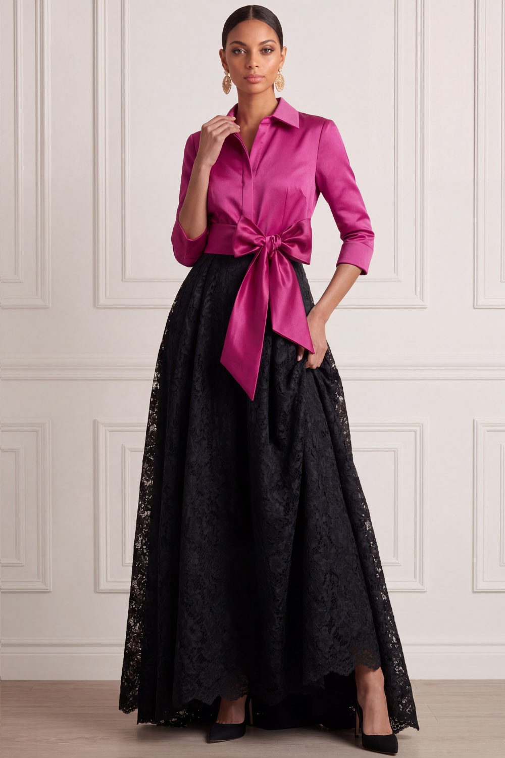 Fuchsia Formal Prom Dress A-Line Point Collar Lace Maxi Dress with Bow