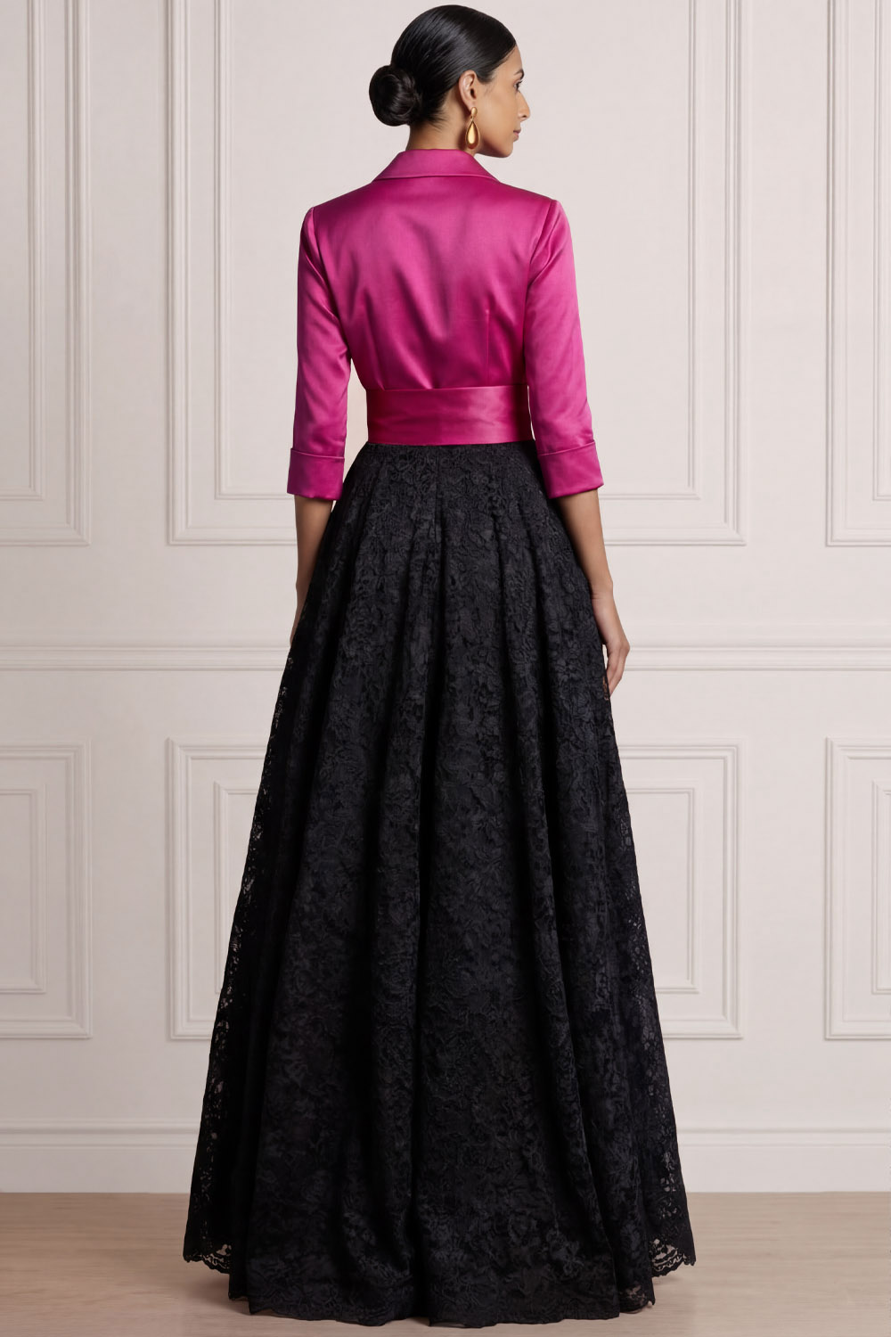 Fuchsia Formal Prom Dress A-Line Point Collar Lace Maxi Dress with Bow