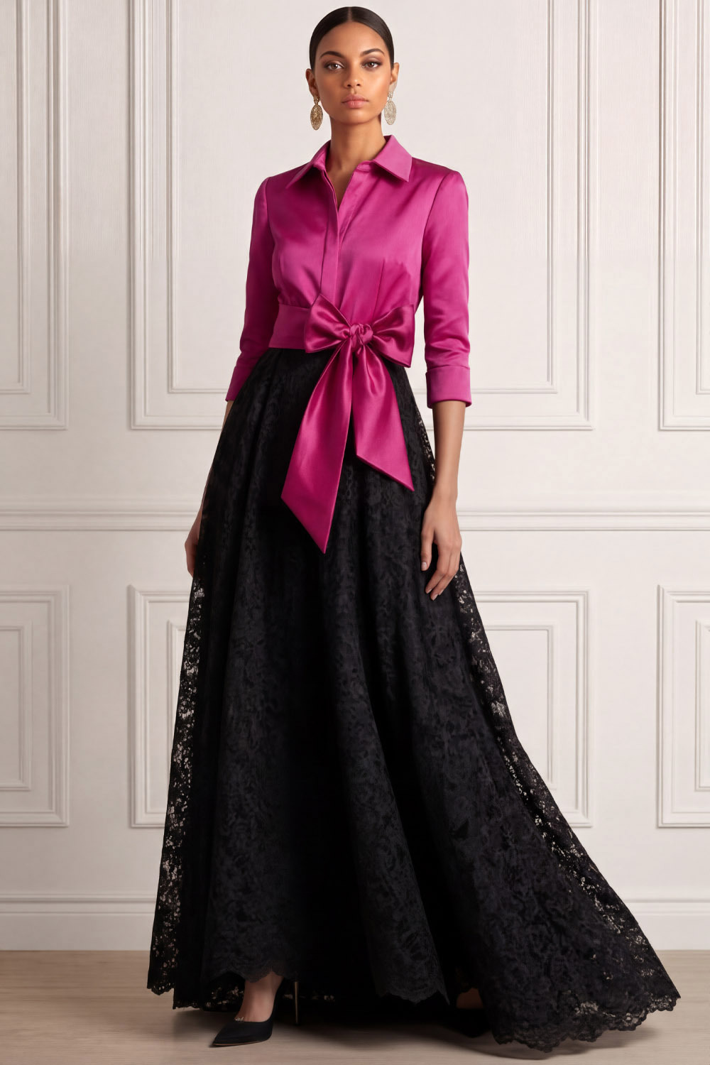 Fuchsia Formal Prom Dress A-Line Point Collar Lace Maxi Dress with Bow