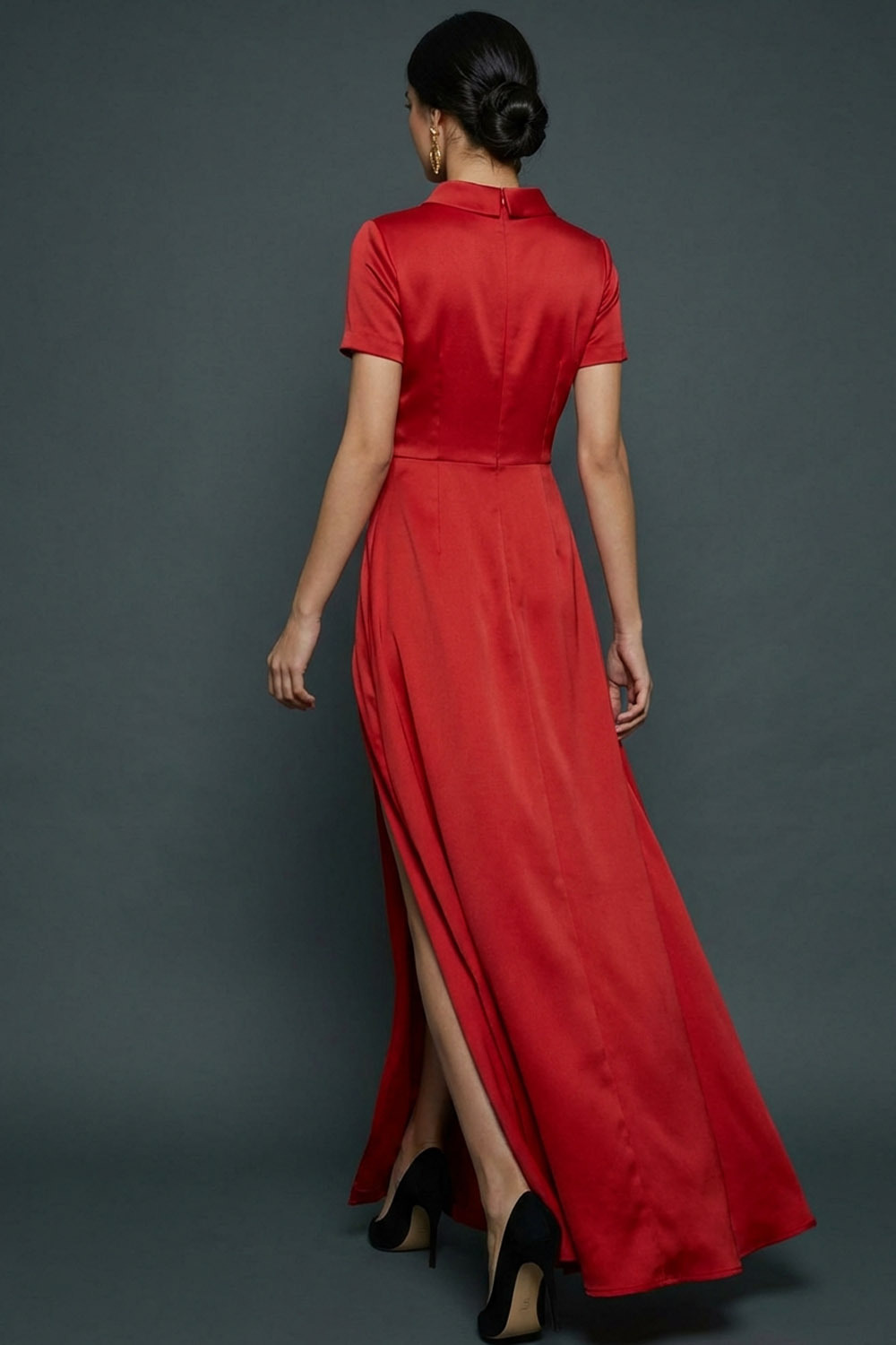 Red Formal Evening Dress High Neck Short Sleeve Satin Slit Maxi Dress 