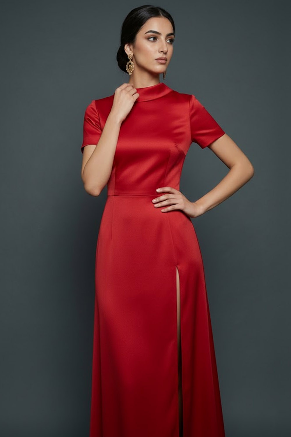 Red Formal Evening Dress High Neck Short Sleeve Satin Slit Maxi Dress 