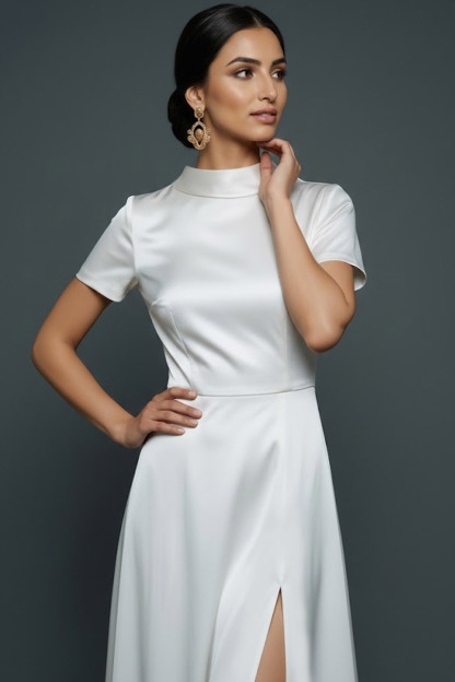 Red Formal Evening Dress High Neck Short Sleeve Satin Slit Maxi Dress 