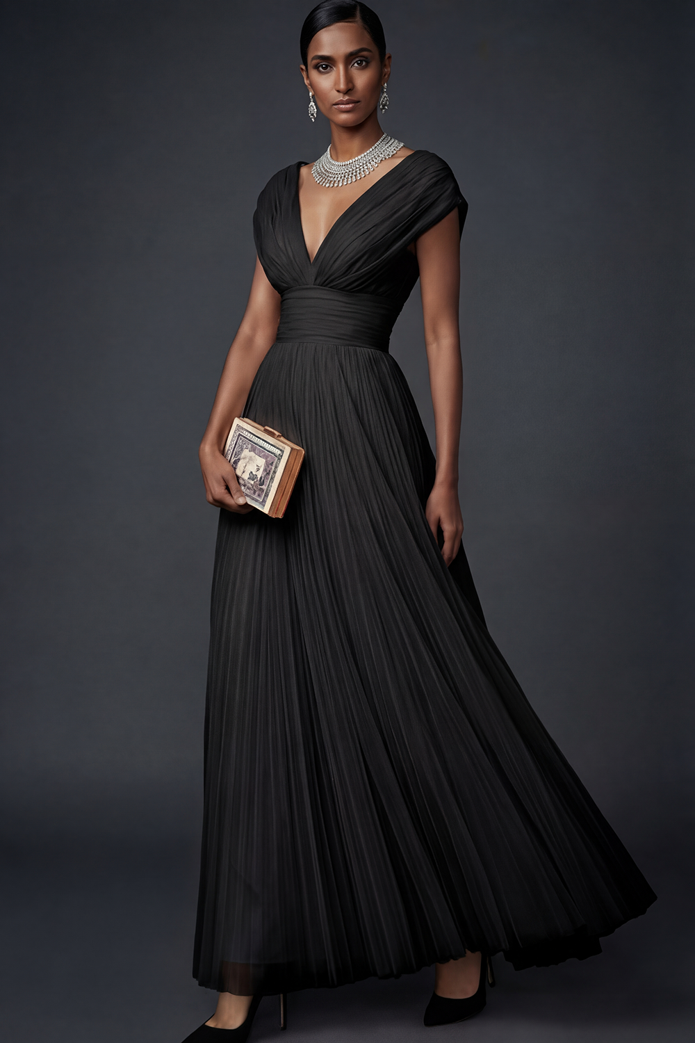 Vintage Rose Formal Dress A-Line V-Neck Pleated Tulle Maxi Dress 