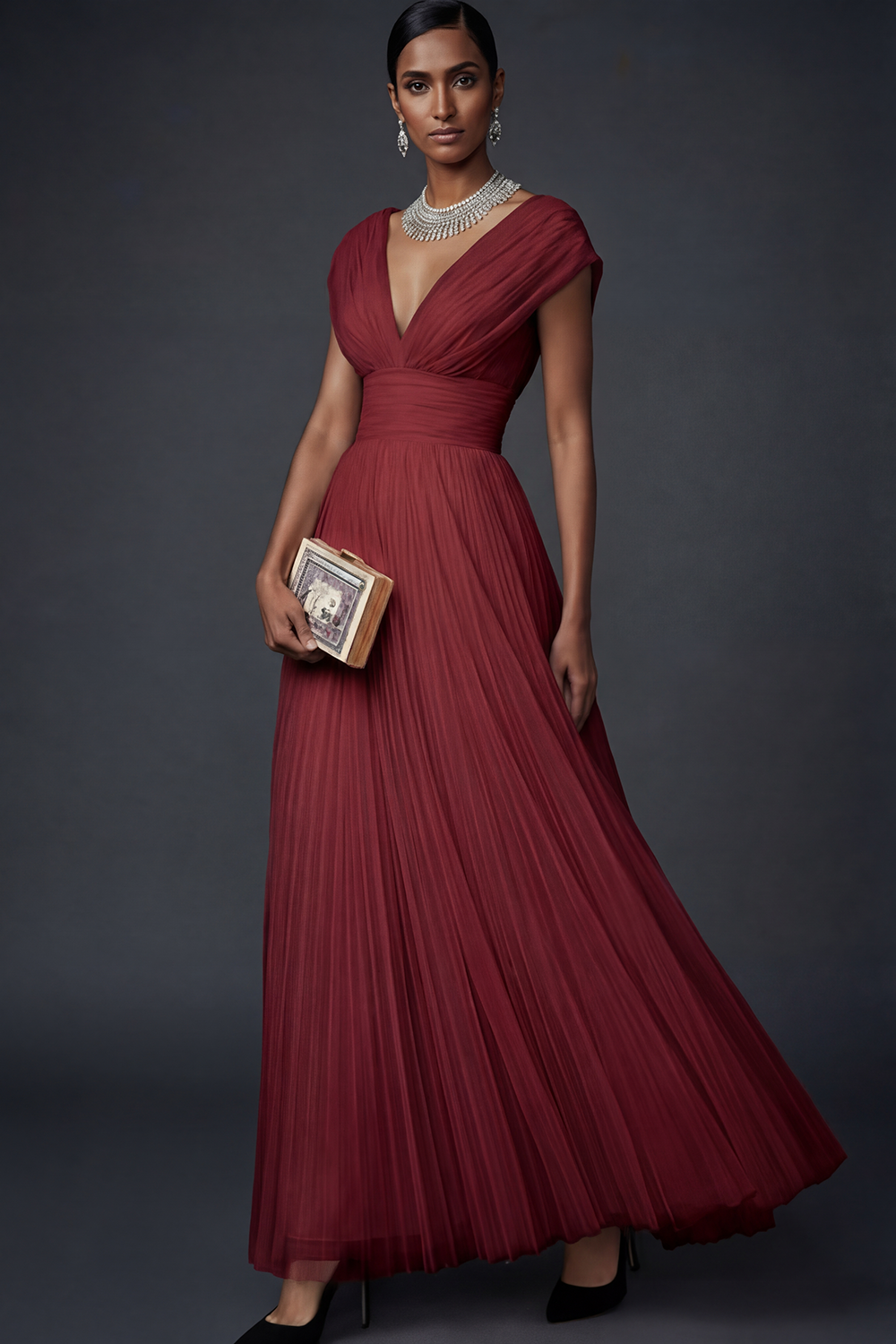 Vintage Rose Formal Dress A-Line V-Neck Pleated Tulle Maxi Dress 