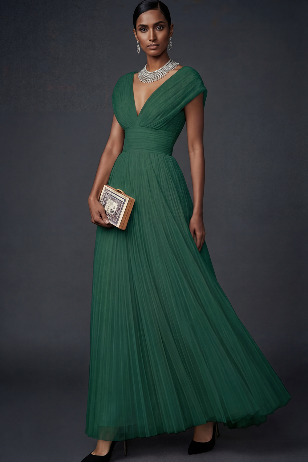 Vintage Rose Formal Dress A-Line V-Neck Pleated Tulle Maxi Dress 